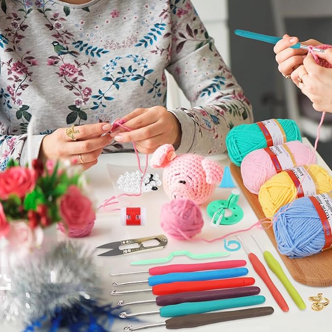 XSEINO Crochet Kit with Step-by-Step Video Tutorials，Premium Bundle Includes 12 Roll x50Yard Acrylic Yarn Balls, 12 Crochet Hooks, Crochet Bag and All Accessories Kit, Crochet Kit for Beginners