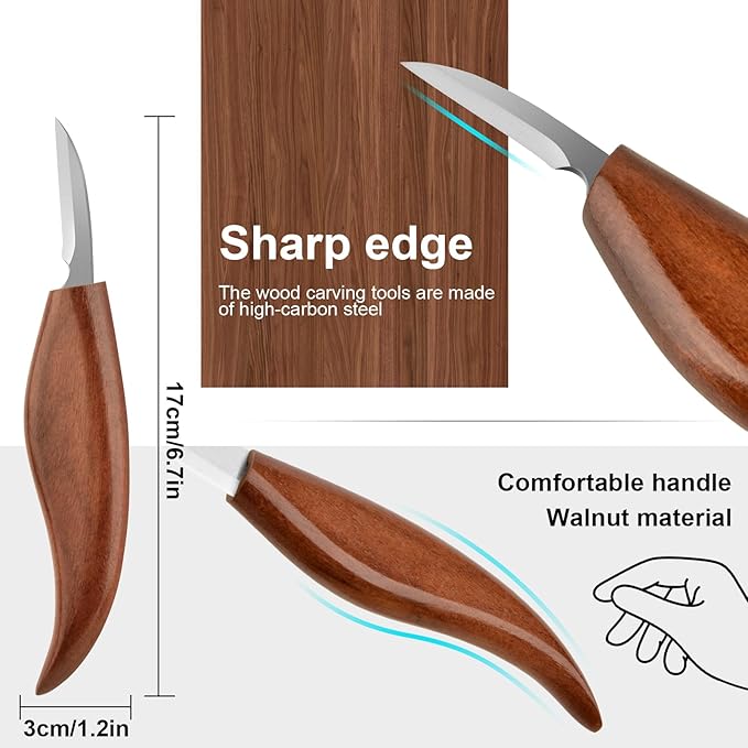 Wood Carving Knife With Leather Strop and Polishing Compound, Wood Whittling Tools for Beginners, Adults and Kids (Details Carving Knife)