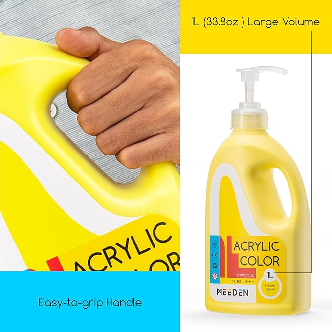 MEEDEN Lemon Yellow Acrylic Paint: 1 L /33.8 oz Satin Liquid Paint with Pump Lid - Soft Body Art Paints for Canvas, Studio, School, Wall & Poured Paintings