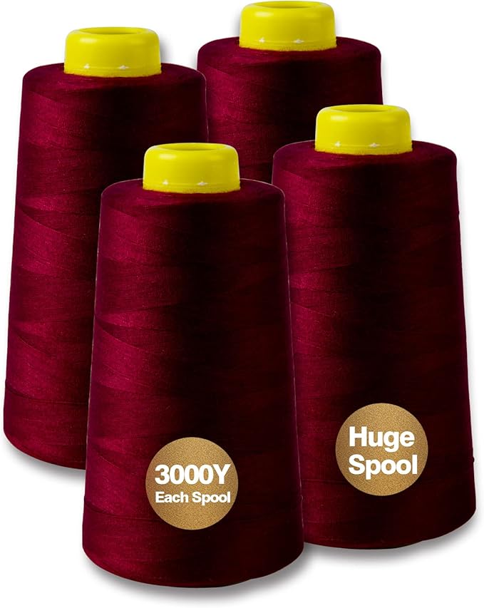 Burgundy Serger Thread All-Purpose Thread for Sewing, Polyester, 4 Cones of 3000 Yards Each Spool for Sewing Machine