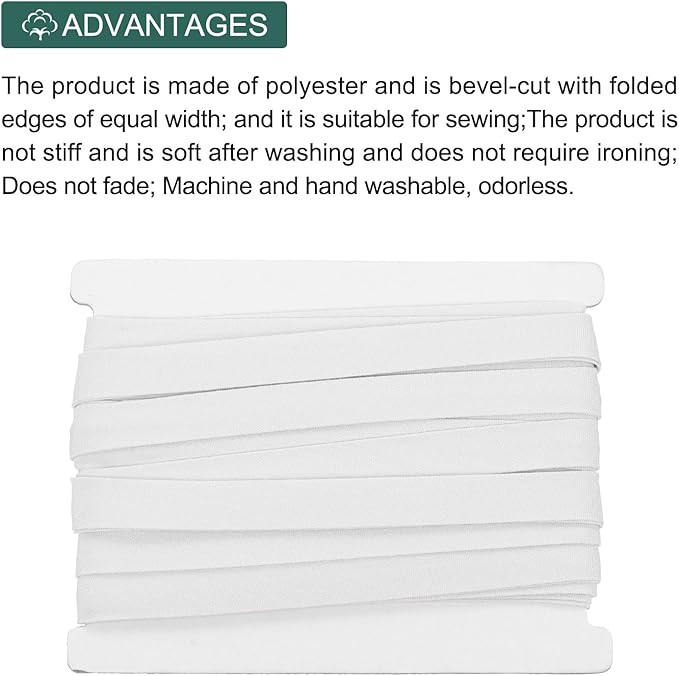 MECCANIXITY 2/5 Inch Double Fold Bias Tape Cotton Continuous Bulk Bias Tape for Sewing,Seaming Quilting Hemming Binding Crafts (White 6 Yards)