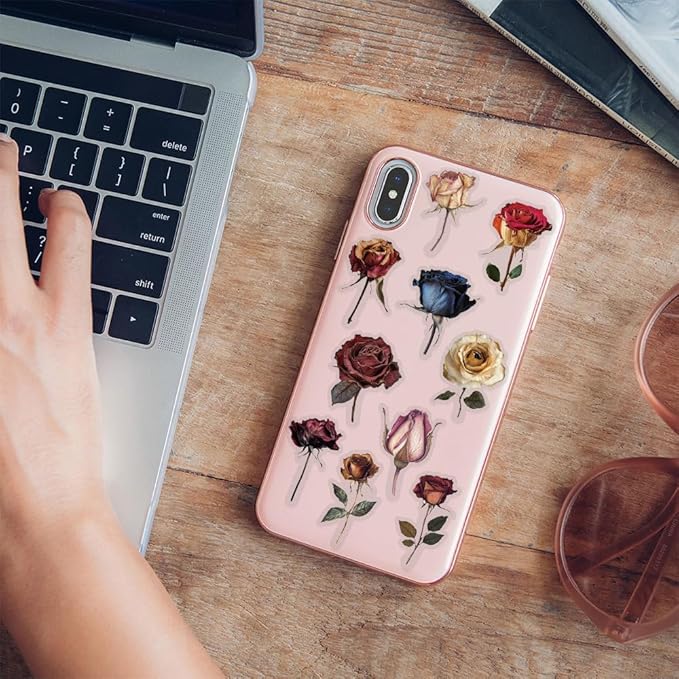 50PCS Vintage Dried Rose Stickers – Clear Waterproof Flower Botanical Scrapbook Stickers for Journaling, Crafting, Aesthetic Floral Decals for Laptops, Notebooks, Cards, Gifts