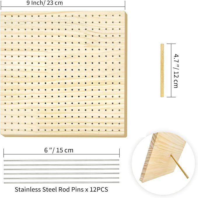 HAND U JOURNEY 9 Inch Premium Wooden Crochet Blocking Board - Complete Crochet Accessories Set with 12 Steel Pins - Ideal for Knitting, Granny Squares, and Projects