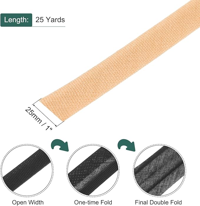 MECCANIXITY 1 Inch Double Fold Bias Tape Polyester Continuous Bulk Bias Tape for Sewing,Seaming Quilting Hemming Binding Crafts (Light Orange 25 Yards)