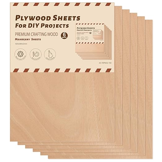 Rowood 6 Pack Mahogany Plywood Sheets 1/8,12x16x1/8inch,3mm Thin Unfinished Craft Wood for Laser Cutting Blanks,DIY Adult Project Kits for DIY Ornaments,Architectural Model