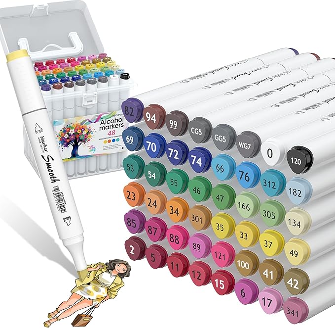 Alcohol Markers, Christmas Gifts,48 Colors Dual Tip Art Coloring Markers for Adult Coloring Books, Drawing, Sketching, Painting Supplies,Alcohol Based with Carrying Case