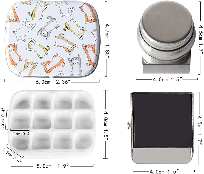 Portable Mini Tin Box,12-Well Empty Watercolor Palette,Small Paint Storage Travel Artist Outdoor Sketch Watercolor Kits with Magnetic Clip and Oil Pot .Lying Cat