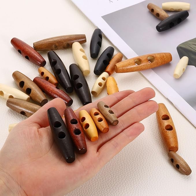 HARFINGTON 25pcs Wooden Toggle Buttons 30mm / 1.2" Double Hole Wood Olive Horn Sewing Buttons for Coat Sweaters Clothing DIY Craft, Black