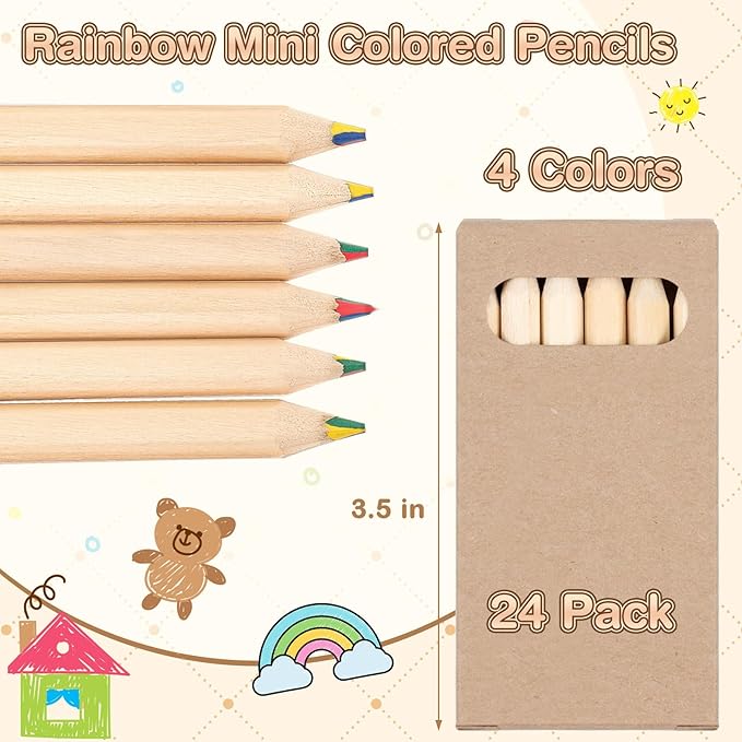 Ctosree 24 Packs 4 in 1 Rainbow Pencils 3.5 Inch Mini Colored Pencils Bulk in Kraft Boxes Gift for Kids Classroom School Drawing Birthday Christmas Party Favor, 6 Per Pack