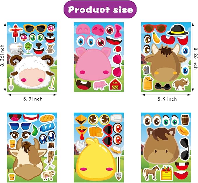 24 PCS Make-a-face Sticker Sheets Make Your Own Farm Animal Mix and Match Sticker Sheets with Sheep, Pigs, Cow and Chickens Kids Party Favor Supplies Craft