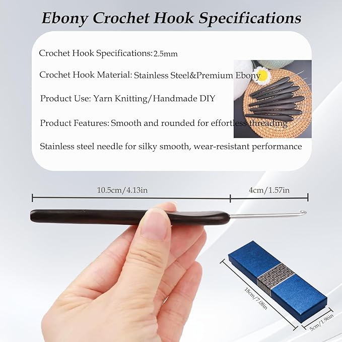 Yarniss 2.5mm Ergonomic Crochet Hook with Ebony Handle, Hand-Polished Stainless Steel Head for Crocheting
