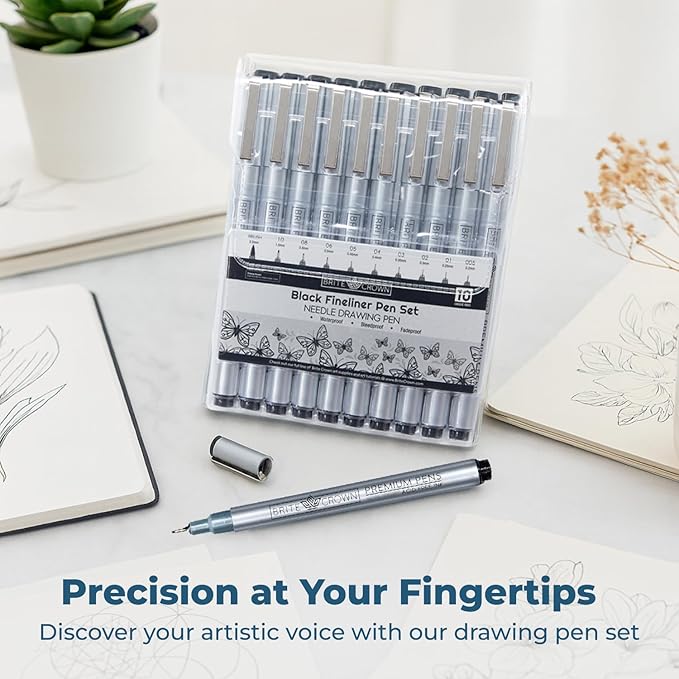 Drawing and Sketching Pens Set - 10 Black Fineliner Pens 0.2mm to 1.0mm Width Tips & 2.5mm Micro Calligraphy Brush-tip Pen, Ideal Gift Idea for Artists and Beginners