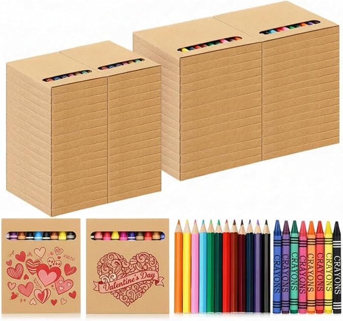 60 Sets Colored Pencils and Crayons Bulk Valentine's Day Gift Classroom Exchange Gift Class Prize, Craft Supplies in Box Mini Pencils Crayons Teacher Supplies, Cute Birthday Party Gifts