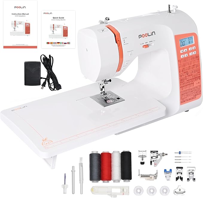 Poolin EOC02 Computerized Sewing Machine,200 Stitches,LCD Screen,Wide Table,7 Presser Feet,Quilting Capable, Automatic Needle Threader,Sewing Machine for Beginners Friendly,Gifts for Mother Wife