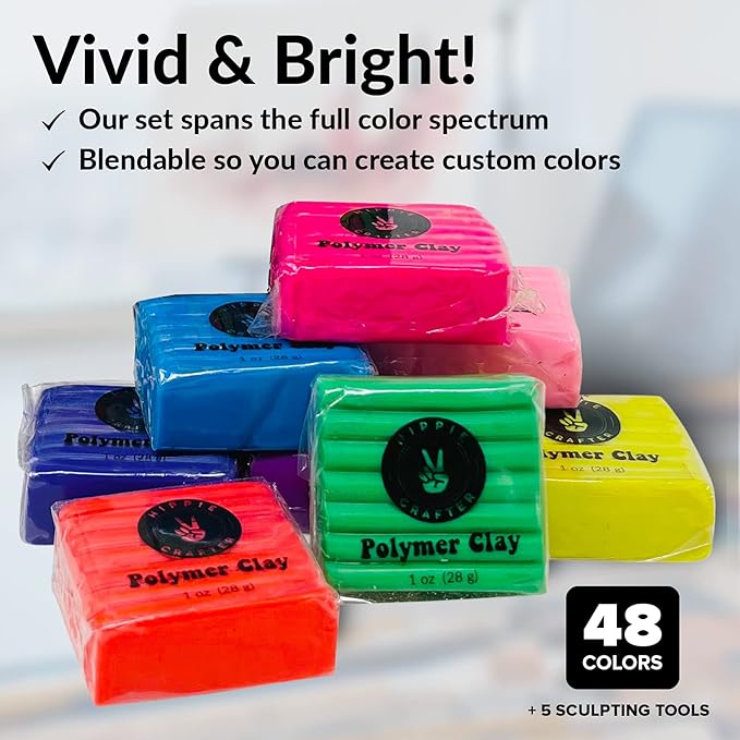 Polymer Clay Set - 48 Colors Oven Bake Clay, Colorful Modeling Clay Kit with 5 Tools for Sculpting, Jewelry Making, Beads, Earrings, Molds, and Crafts