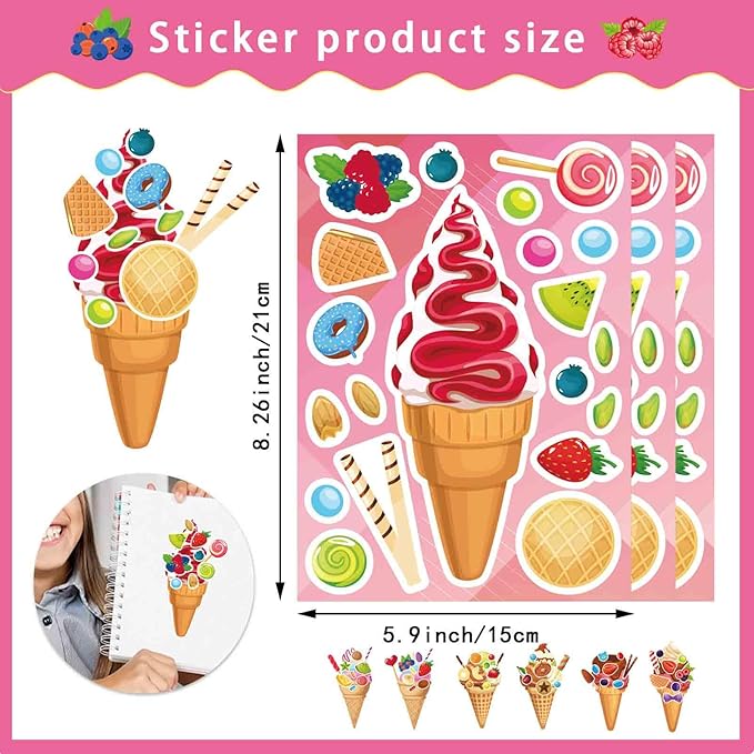 24 Sheets Make Your Own Ice Cream Dessert Stickers for Kids, Toddlers - Summer Theme Ice Cream Stickers for Party Favors, Decorations
