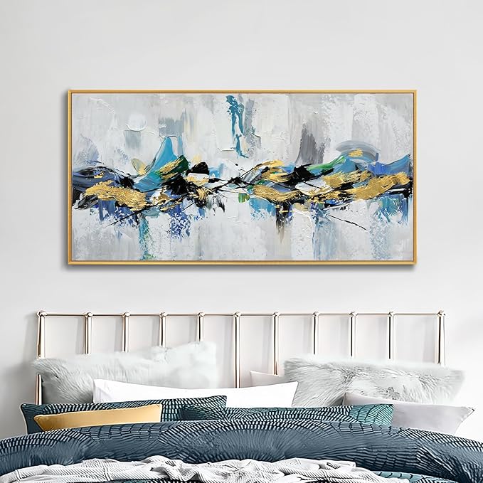 Large 100% Hand Painted Oil Painting 3D Texture Framed Canvas Wall Art White Black Blue Green Home Decor Abstract Gold Leaf Wall Painting for Living Room Bedroom Office 48x24in