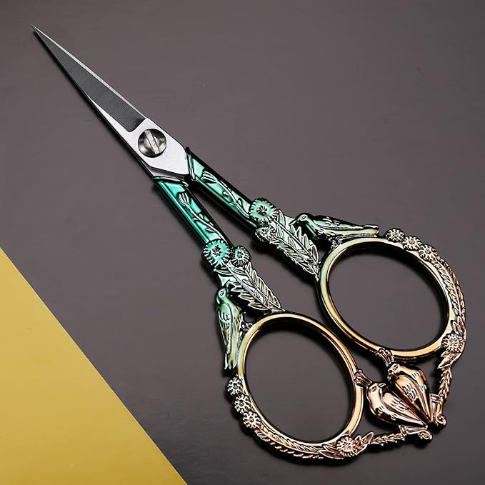 Embroidery Scissors, Sharp Pointed Sewing Scissors for Craft Cross Stitch Needlework Artwork Knitting Threading Small DIY Tools, 4.6in Gold Green Cute Bird