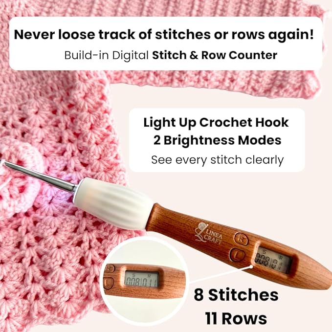 LineaCraft Counting Crochet Hook Set – 18 Sizes Interchangeable Hooks Kit, Light up, Digital Stitch & Row Counter, Ergonomic for Arthritic Hands with Pastel Crochet Hook Case – Crochet Gift