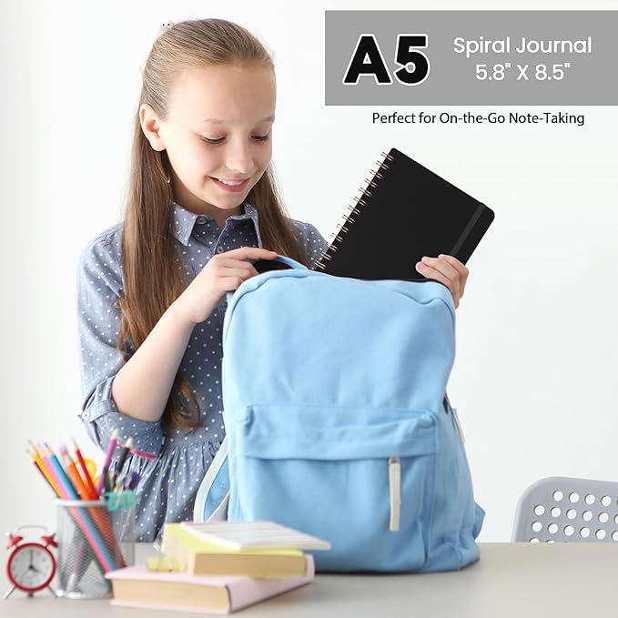 Lined Spiral Journal Notebook, A5 College Ruled Notebook for Journaling, Note-Taking, and Daily Planning, Durable Hardcover with an Elegant Design, Black