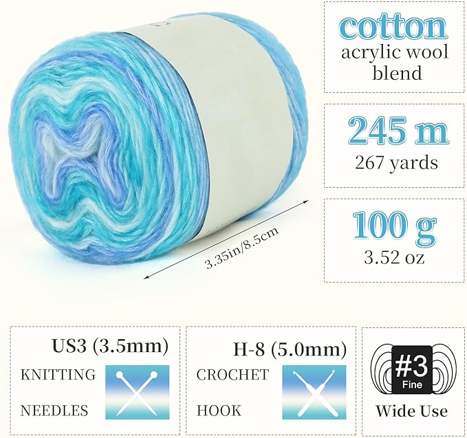 Aeelike Gradient Yarn for Crocheting, 6 Skeins Cake Yarns Fairyland Yarn 100g (3.52 oz) 245m (267 Yards) # 3 Light Weight, Super Soft Ombré Yarns for Making Colorful Crafts, Blue Green Gradient