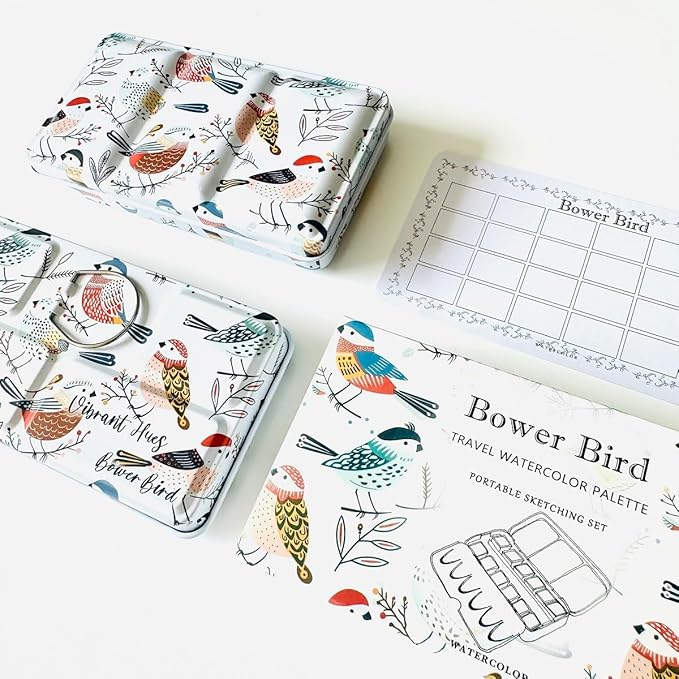 Bower Bird Travel Watercolor Palette,Portable Ceramic Palette,Empty Paint Palette,Small Travel Metal Paint Boxwith Porcelain Palette (24Well)
