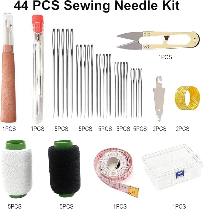 44PCS Sewing Tool Set with Box, Big Eye Steel Sewing Needles Kit, Stainless Steel Needles for Hand Sewing, Needle and Thread Kit for Sewing