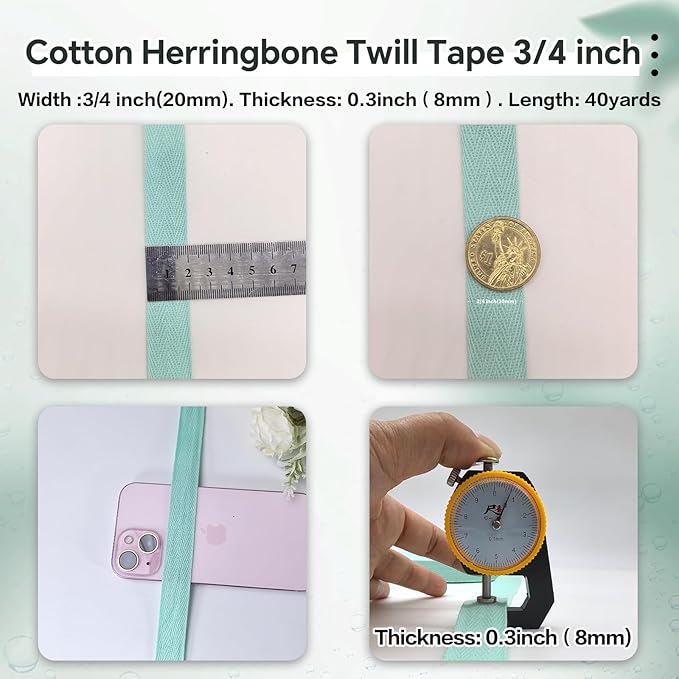 40 Yards Herringbone Twill Tape for Sewing,Pet Collar,Gift Wrapping Home Deco -3/4 inch Mint Green Cotton Webbing Straps-Natural Bias Binding Tape for Handles, Crafting & DIY Projects