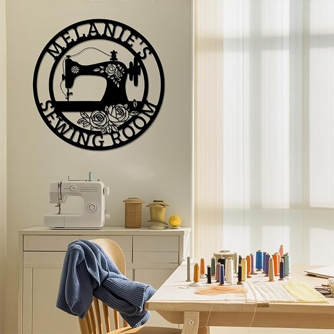 Custom Sewing Room Sign with Name, Personalized Vintage Sewing Machine Metal Wall Art, Quilting Supplies Pattern Tailor Studio, Craft Room Decor, Quilting Gift for Women Beginners Quilter