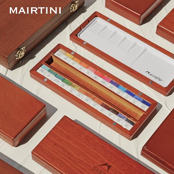 Mairtini Caravaggio series Professional Half Pan Watercolor Set 24 Colors with Wooden Case