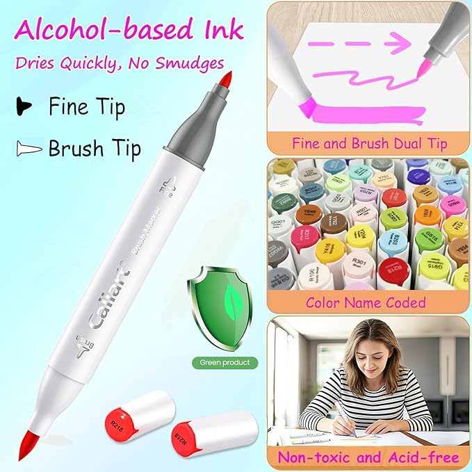 Caliart Art Markers, 41 Colors Alcohol Marker Pen Set Dual Tip Brush & Fine Permanent for Coloring Drawing Highlighters Anime Illustration Card Making Underlining Christmas Gifts