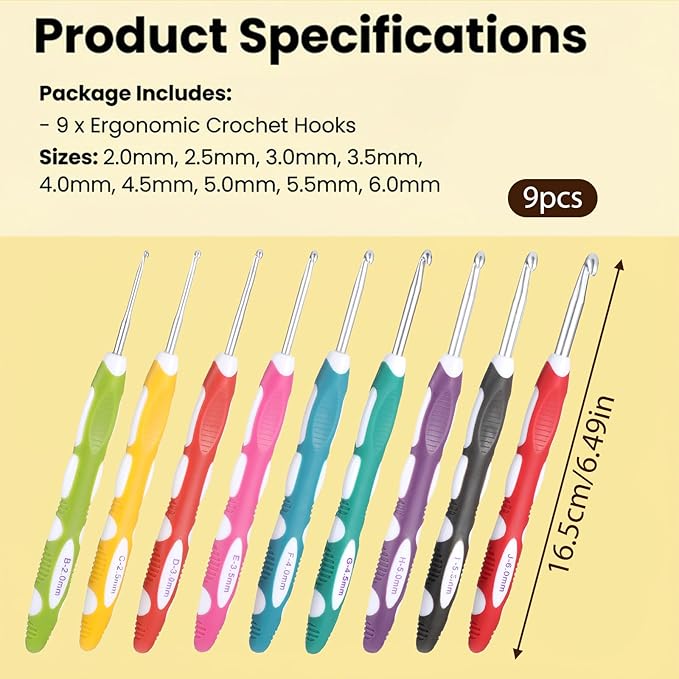 cobee 9Pcs Crochet Hooks, Ergonomic Crochets Hooks Set, Hook Knititng Needles Non Slip Rubber Handle Crochets, Long Crocheting Hook Grips for Beginners and Experiecced Crochet Lover