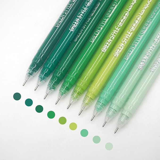 Gel Pens with Fine Point 0.6mm, 9 Colors Drawing Pencils for Adult Coloring Books Smooth Writing Pen Set for Journaling(Green Style)