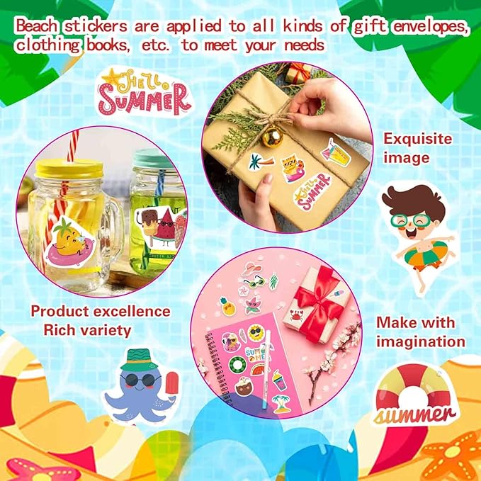 24 Sheets Summer Stickers Pool Beach Luau Hawaii Sticker Sea Beach Sun Stickers Hawaii Tropical Party Decoration Sticker Summer Holiday Party Favors