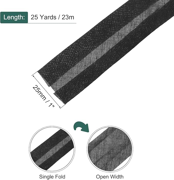 MECCANIXITY 1 Inch Single Fold Bias Tape Polyester Continuous Bulk Bias Tape for Sewing,Seaming Quilting Hemming Binding Crafts (Black 25 Yards)