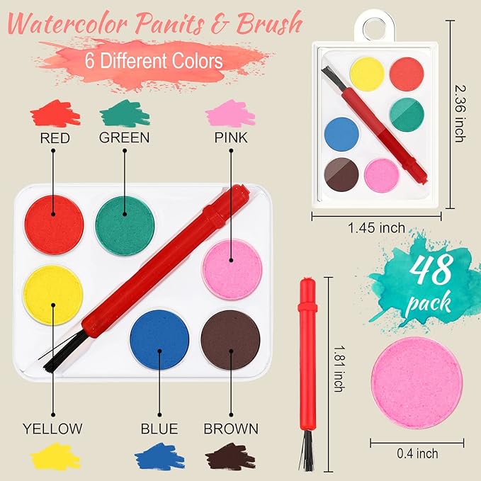 48 Pack Mini Watercolor Paint Sets, 6 Color Washable Paint Palette Bulk Kit with Brushes for Valentine Art Party Favors School Prizes Educational Supplies Stocking Stuffers