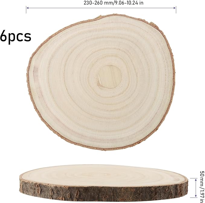 KINJOEK 6PCS 9-10 Inch Large Natural Wood Slices with Bark, Unfinished Wooden Table Coasters Circles, Blank Round Wood Ornaments Slice Bulk for Centerpieces DIY Craft Wedding Party Christmas Decor