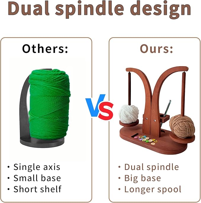Magnetic Wooden Yarn Holder for Crocheting & Knitting – Smooth Rotating Yarn Spinner with Double Spindles, Tangle-Free Thread Dispenser, Ideal Gift for Knitters & Weavers (Brown)