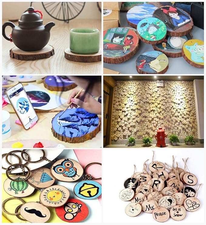 50pcs Wood Slices, BetterJonny 2-2.4 inch Undrilled Wooden Circles Predrilled with Hole Natural Wood Ornaments with 10 Meters Jute Rope for Arts DIY Craft