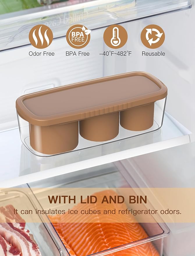 Ice Cube Tray for Tumbler Cup 30Oz-40Oz, 3 Pcs Silicone Cylinder Ice Mold with Lid and Bin for Freezer, Easy Fill and Release Ice Maker for Whiskey, Cocktail BPA-Free (Brown, 40Oz-Type1)