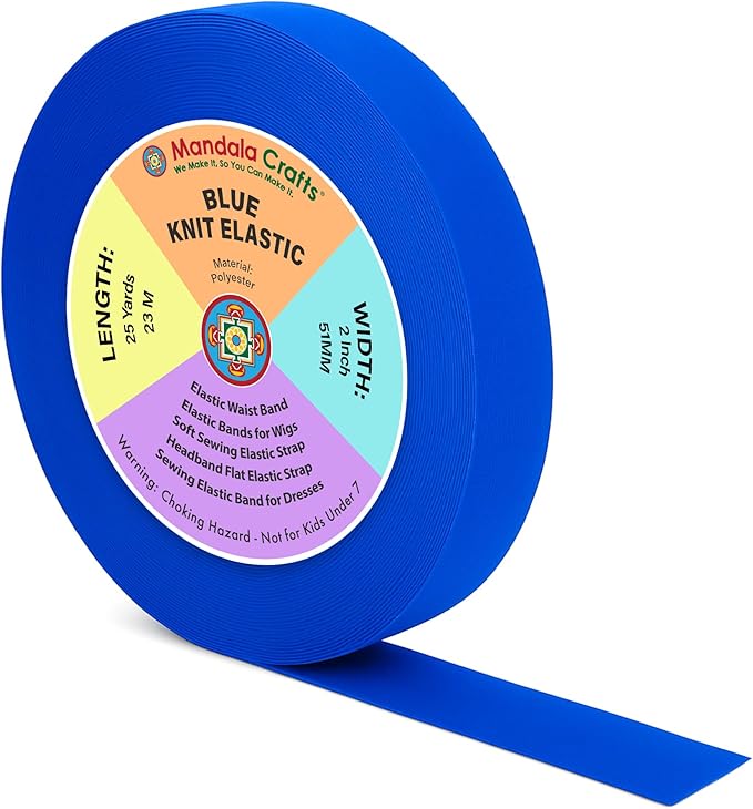 Mandala Crafts Wide 2 Inch Blue Elastic Bands Spool for Pants Waistbands Sewing and DIY Crafts, 25 YD Stretchy Flat Fabric Strap Knit Elastic Band for Wig