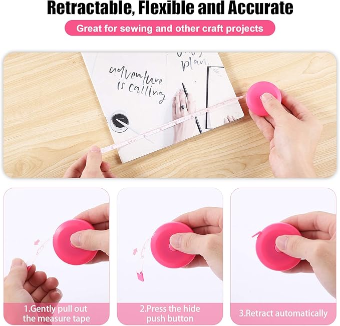 Tape Measure 150 cm 60 Inch Push Button Tape Body Measuring Soft Retractable for Sewing Double-Sided Tailor Cloth Ruler (Pink) 3 Pack by BUSHIBU