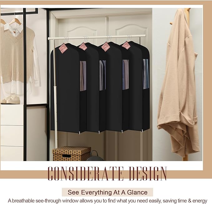 40in Short Cotton Garment Bag for Hanging and Storage Clothes with 4 Cedar Blocks for Fresh Smell, Breathable Hanging Bags for Closet Storage Fur Coat Suit Sweater Jacket, 6in Wide, Black