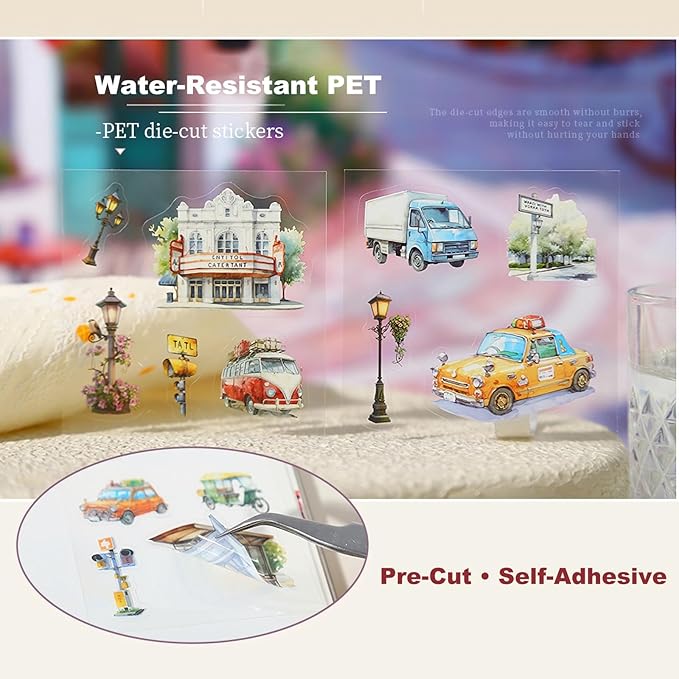 90 PCS City & Garden Street Scene Pre-Cut PET Stickers - Watercolor Backgrounds with Shops Cars Lamps Flowers for Scrapbook Journal Travel Collage Décor