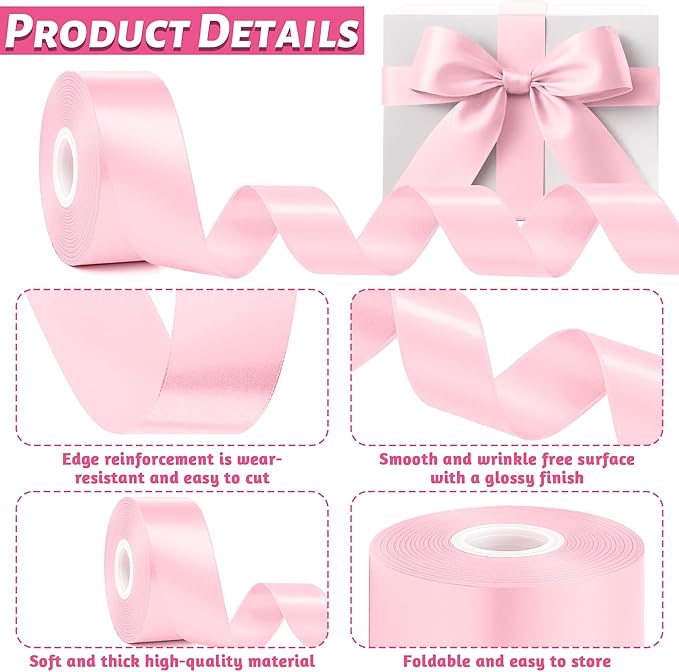 Fullive 1 1/2 Inch Pink Ribbon, 30 Yards Pink Ribbon for Gift Wrapping, Polyester Satin Mothers Day Ribbons for Wedding Baby Shower Valentines Day Decorations DIY Bows Breast Cancer Awareness Crafts