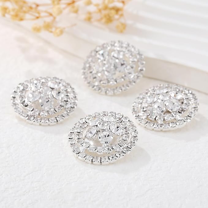 4Pcs Sliver Rhinestone Buttons Crystal Embellishments for Clothing Jewelry Making DIY Decoration Bottons for Sewing Crafts Wedding Bridal (silvery-09)