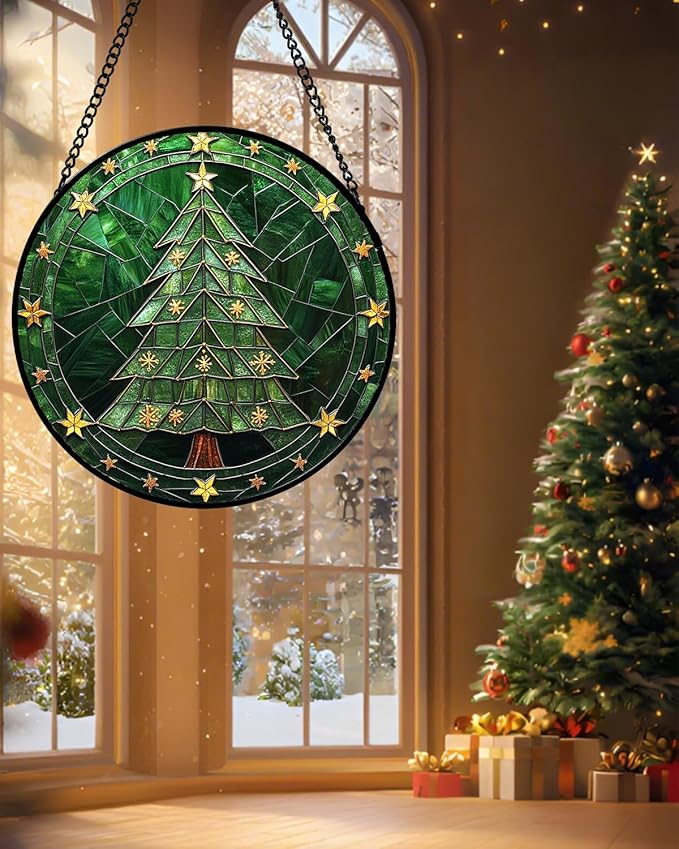 Stained Glass Window Hanging - Green Christmas Tree with Golden Stars Suncatcher for Doors Home Christmas Decoration Sun Catcher Thanksgiving New Year Birthday Gifts for Women Men Mom Nana 6.3 in