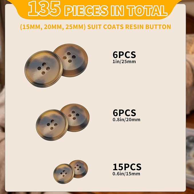 Assorted Buttons for Sewing Crafts,135Pcs 4-Hole Round Blazer Buttons, 5 Color (Brown Black Blue) 3 Size (15mm, 20mm, 25mm) Resin Button for Suit,Shirt,Coats,Clothes Sewing,DIY Craft