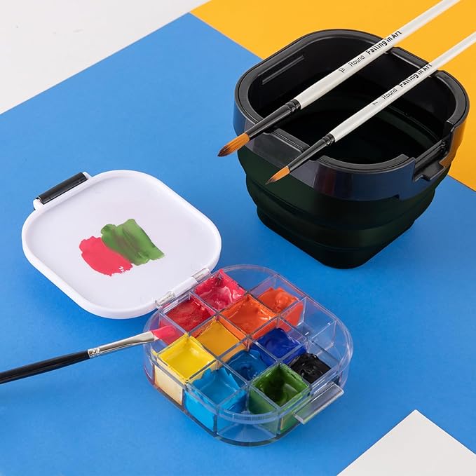 Falling in Art 16 Wells Paint Palette, Airtight Palette Storage Box with Lid and Folding Paint Brush Basin for Watercolor, Gouache and Acrylic Painting, Dark Green