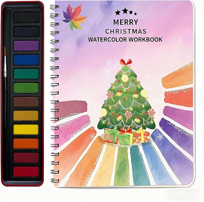 Watercolor Workbooks, Beginner Watercolor Painting Kit – 12 Colors Paint Set with Brush – Perfect for Gifting to Spark Creativity & Joy for Adults (Christmas)